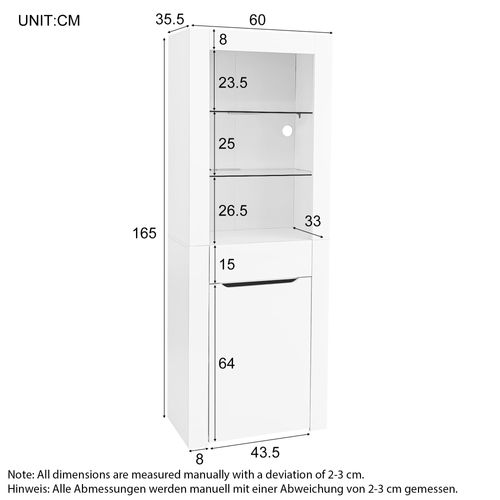Vitrine 60x35,5x165 Cm, LED, 1 Tiroir, Étagères, Panneau De Particules, Verre, Blanc Brillant
