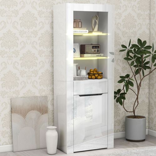 Vitrine 60x35,5x165 Cm, LED, 1 Tiroir, Étagères, Panneau De Particules, Verre, Blanc Brillant