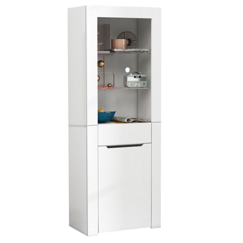 Vitrine 60x35,5x165 Cm, LED, 1 Tiroir, Étagères, Panneau De Particules, Verre, Blanc Brillant