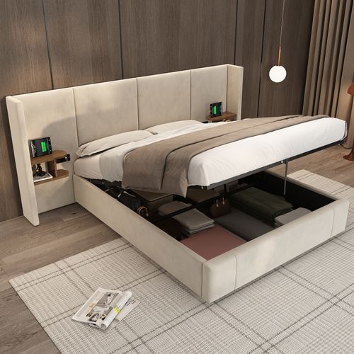 Lit Coffre 160x200 Cm, Prises Et Ports USB, Rangement Caché, 2 Chevet, Bois, Velours, Beige