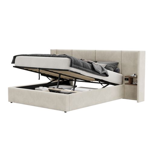 Lit Coffre 160x200 Cm, Prises Et Ports USB, Rangement Caché, 2 Chevet, Bois, Velours, Beige