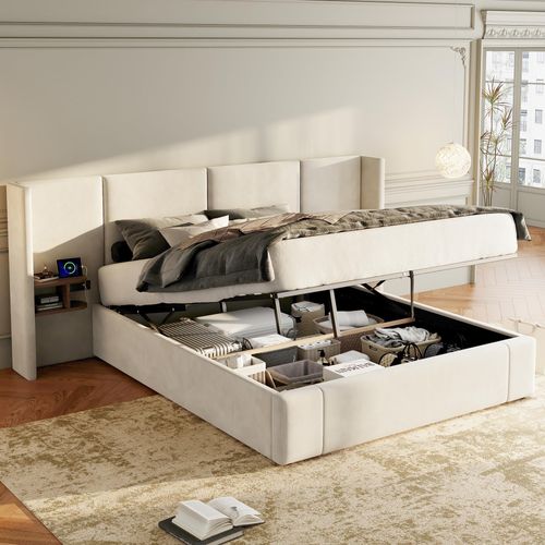 Lit Coffre 160x200 Cm, Prises Et Ports USB, Rangement Caché, 2 Chevet, Bois, Velours, Beige