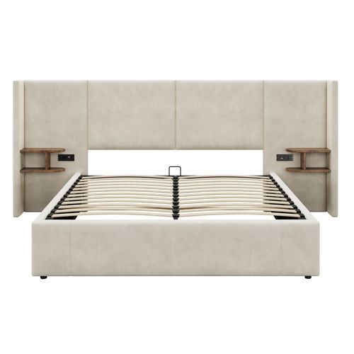 Lit Coffre 160x200 Cm, Prises Et Ports USB, Rangement Caché, 2 Chevet, Bois, Velours, Beige