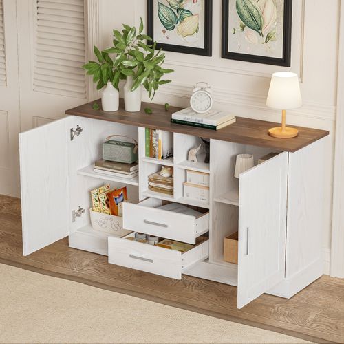 Buffet Bas 140x40x79,5 Cm, 2 Portes, 2 Tiroirs Avec Fermeture Douce, Pb, Couleur Blanc+brun