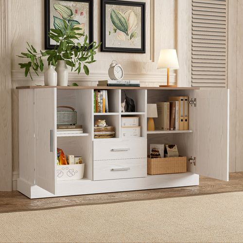 Buffet Bas 140x40x79,5 Cm, 2 Portes, 2 Tiroirs Avec Fermeture Douce, Pb, Couleur Blanc+brun