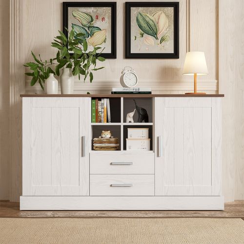 Buffet Bas 140x40x79,5 Cm, 2 Portes, 2 Tiroirs Avec Fermeture Douce, Pb, Couleur Blanc+brun
