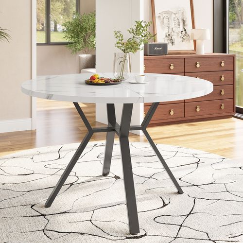Table Ronde Diamètre 100 Cm, Plateau Motif De Marbre En Mdf, Piètement Métal En X, Blanc Et Noir