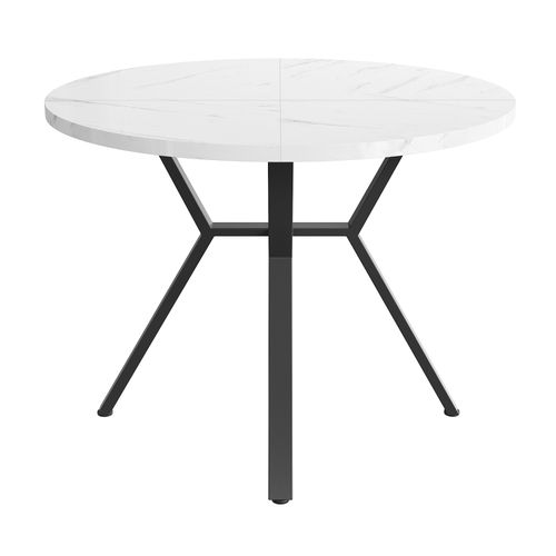 Table Ronde Diamètre 100 Cm, Plateau Motif De Marbre En Mdf, Piètement Métal En X, Blanc Et Noir