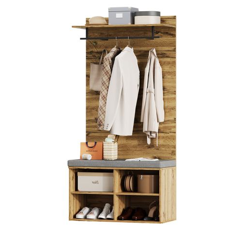 Vestiaire 84x37x175 Cm, Motif Bois, Banc Avec Coussin, Tringle, Panneaux De Particules, Marron