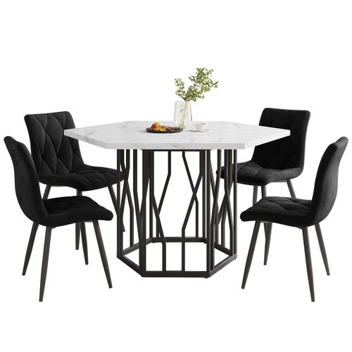 Ensemble Table Hexagonale Et 4 Chaises En Velours, Plateau Marbre En Mdf, Métal, Noir+blanc
