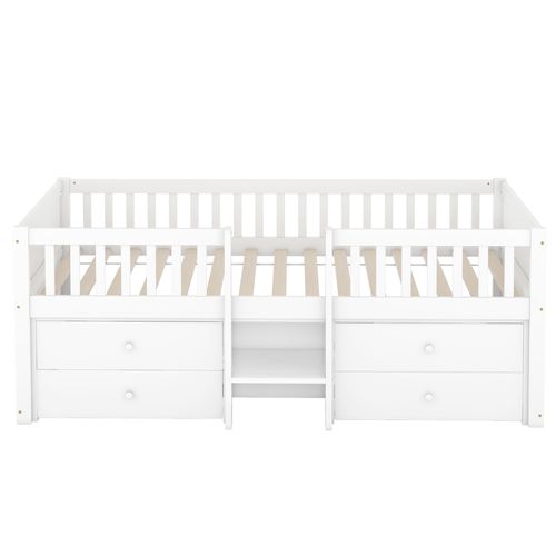 Lit Mi-haut 90x200 Cm, 4 Tiroirs De Rangement, Garde-corps Et Échelle, Bois De Pin Et Mdf, Blanc