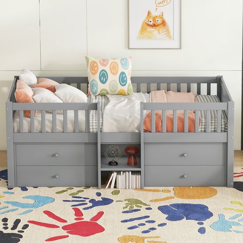 Lit Simple 90x200 Cm, 4 Tiroirs, Barrière De Sécurité Et Échelle, Bois De Pin Et Mdf, Gris