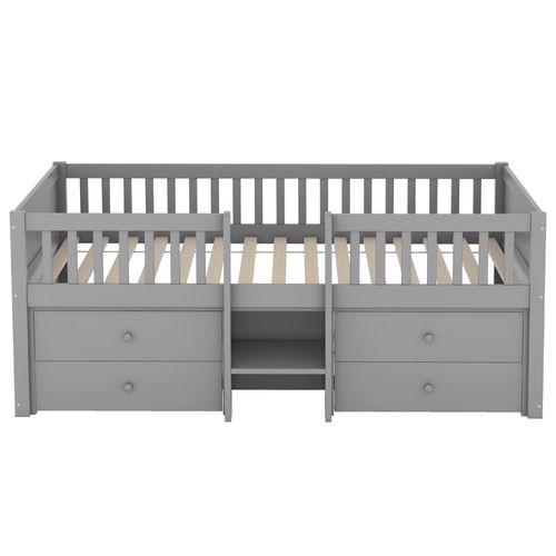 Lit Simple 90x200 Cm, 4 Tiroirs, Barrière De Sécurité Et Échelle, Bois De Pin Et Mdf, Gris