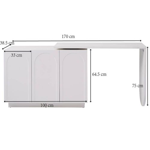 Bureau D’angle Pivotant 110-170x40x75 Cm, Rotation 360 Degrés, 3 Portes, Mdf, Couleur Blanc