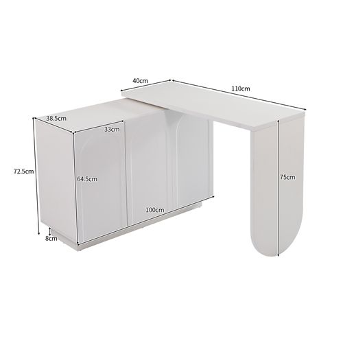 Bureau D’angle Pivotant 110-170x40x75 Cm, Rotation 360 Degrés, 3 Portes, Mdf, Couleur Blanc