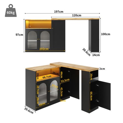 Bar Rotatif 360 Degrés 197 X 39,6 X 100 Cm Avec Rangement Et LED, Extensible, Verre, Mdf, Noir