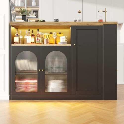 Bar Rotatif 360 Degrés 197 X 39,6 X 100 Cm Avec Rangement Et LED, Extensible, Verre, Mdf, Noir