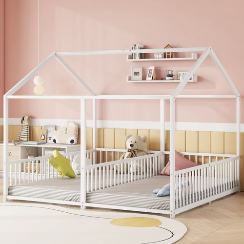 Lit Enfant 2x90x200 Cm, Lit Cabane, Forme Maison Et Barrière Sécurité, Structure Métal Blanc