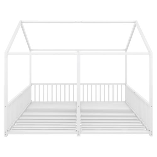 Lit Enfant 2x90x200 Cm, Lit Cabane, Forme Maison Et Barrière Sécurité, Structure Métal Blanc