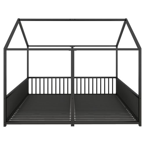 Lit Enfant 2x90x200 Cm, Lit Cabane, Forme Maison Et Barrière Sécurité, Structure Métal, Noir