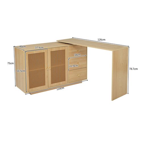 Bureau D'angle 126x40x78.7cm, Pivotant 360 Degrés, 2 Portes En Rotin, 3 Tiroirs, Mdf, Couleur Bois