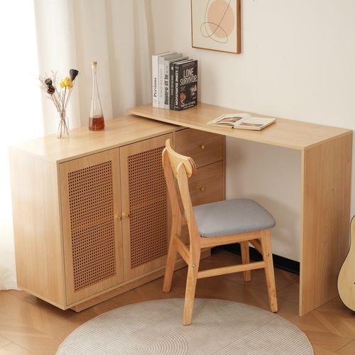 Bureau D'angle 126x40x78.7cm, Pivotant 360 Degrés, 2 Portes En Rotin, 3 Tiroirs, Mdf, Couleur Bois