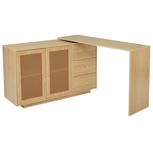 Bureau D'angle 126x40x78.7cm, Pivotant 360 Degrés, 2 Portes En Rotin, 3 Tiroirs, Mdf, Couleur Bois