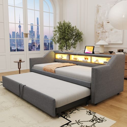 Lit Gigogne 90/180 X 190 Cm, Extensible Avec Rangements LED Et USB, 3 Niches, En Lin, Gris Foncé