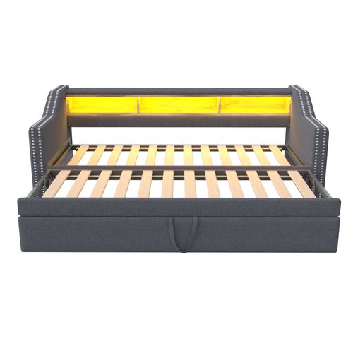 Lit Gigogne 90/180 X 190 Cm, Extensible Avec Rangements LED Et USB, 3 Niches, En Lin, Gris Foncé