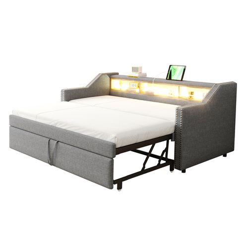 Lit Gigogne 90/180 X 190 Cm, Lit 2 En 1 Convertible Avec Rangement, LED, Tissu En Lin, Gris Clair