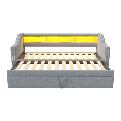 Lit Gigogne 90/180 X 190 Cm, Lit 2 En 1 Convertible Avec Rangement, LED, Tissu En Lin, Gris Clair