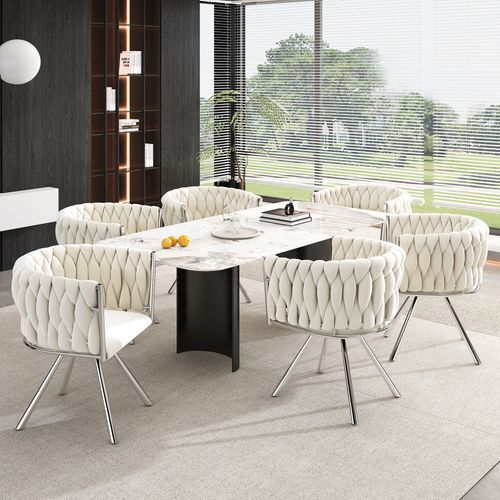 Lot De 6 Fauteuil Contemporain 59x54x72 Cm, Pivotant à 360°, Pieds En Acier Argenté, Velours Beige