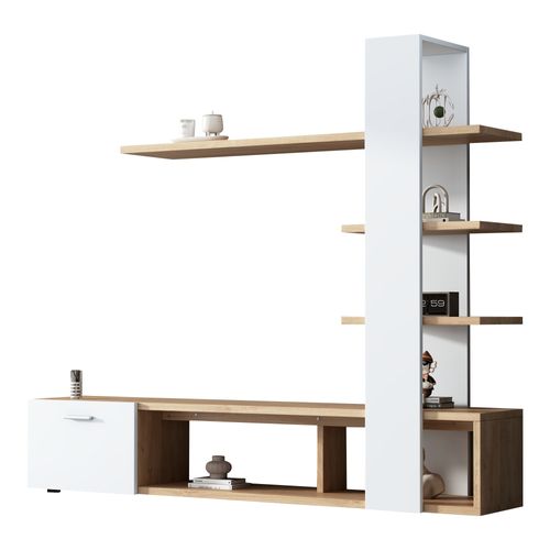 Meuble TV 180x33.5x151.5 Cm, Pour TV Jusqu'à 60 Pouces, Porte Et Étagères, Pb, Blanc+bois