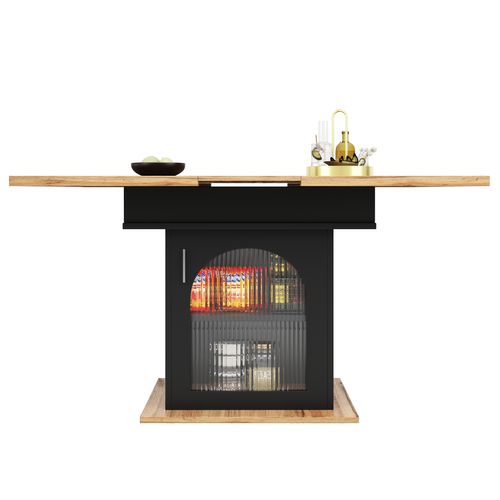 Table Extensible 140x80x76 Cm, 1 Porte, Rangement Ouvert, Mdf Et Verre, Couleur Noir+bois