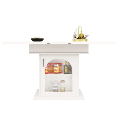 Table Extensible 140x80x76 Cm, 1 Porte+rangement Ouvert, Mdf Et Verre, Couleur Blanche