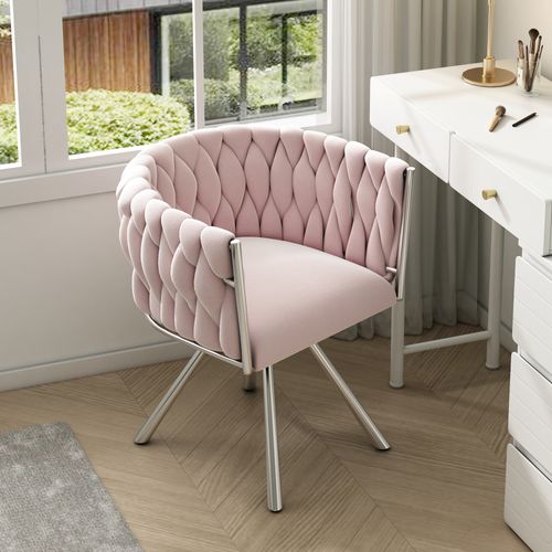 Fauteuil Contemporain 59x54x72 Cm, Pivotant à 360°, Pieds En Acier Argenté, Velours Rose