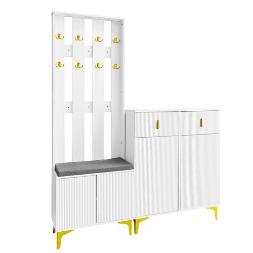 Meuble D'entrée 60.5x32x180.5+83x35x101 Cm, 2 Tiroirs, 4 Portes, Panneau De Particules, Blanc+doré