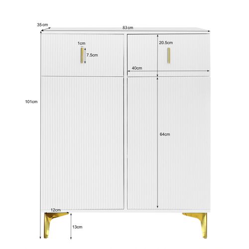 Meuble D'entrée 60.5x32x180.5+83x35x101 Cm, 2 Tiroirs, 4 Portes, Panneau De Particules, Blanc+doré