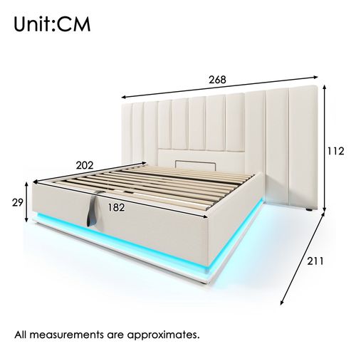 Lit Coffre 180x200 Cm, Rangement Caché, LED 360 Degrés Et Ports USB Type C, Métal, Bois, Pu, Blanc