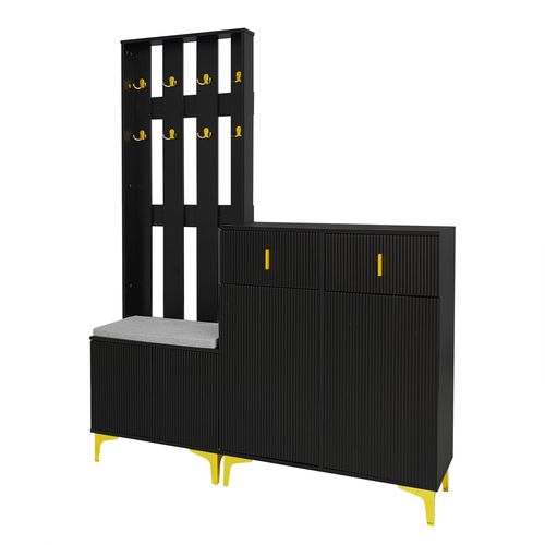 Meuble D'entrée 60.5x32x180.5+83x35x101 Cm, Banc Avec Coussin Et Crochets Dorés, Pb, Noir+doré