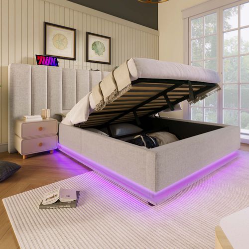 Lit Coffre 160x200 Cm, LED Contrôlable Par Appli Avec Ports USB C, Lin Et Métal, Couleur Beige