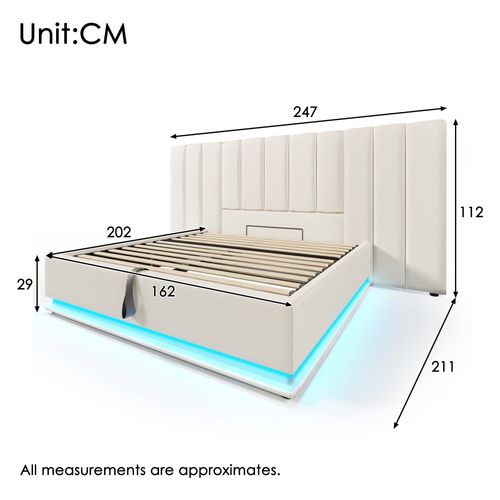 Lit Coffre 160x200 Cm, LED Contrôlable Par Application, Ports USB Type C, Pu, Blanc