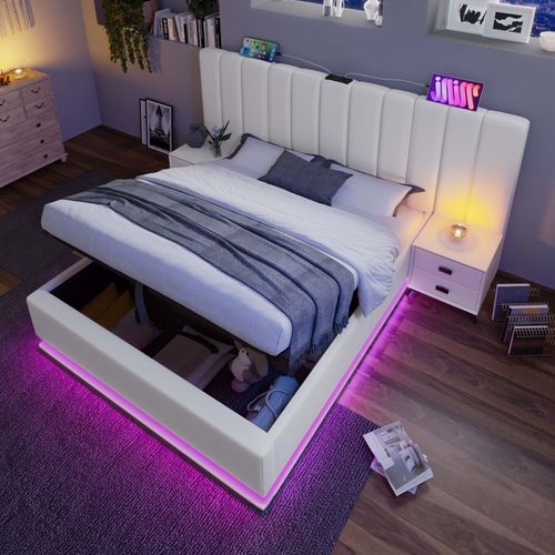 Lit Coffre 160x200 Cm, LED Contrôlable Par Application, Ports USB Type C, Pu, Blanc