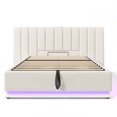 Lit Coffre 160x200 Cm, LED Contrôlable Par Application, Ports USB Type C, Pu, Blanc