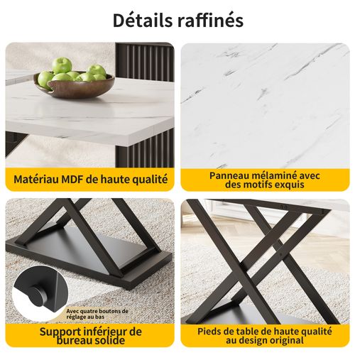 Ensemble Repas 5 Pièces, Table Extensible 120/160x80x75 Cm, Mdf Métal, Blanc Motif Marbre Noir