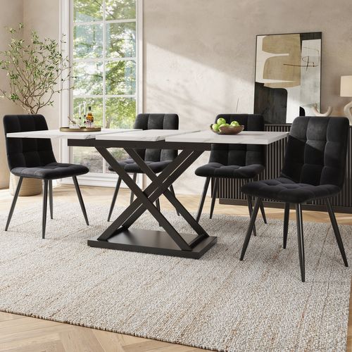 Ensemble Repas 5 Pièces, Table Extensible 120/160x80x75 Cm, Mdf Métal, Blanc Motif Marbre Noir