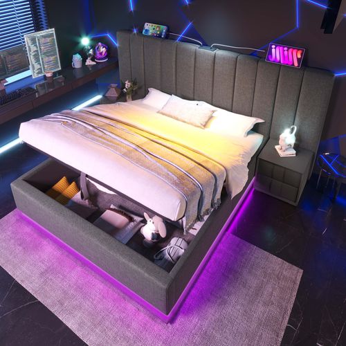 Lit Coffre 160x200cm, LED Circulaire Contrôlable Par Appli Et Recharge USB C, Lin, Métal, Bois, Gris