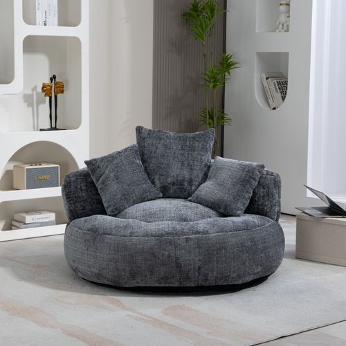Fauteuil Pouf 108x108x52 Cm, Dossier Haut Et Accoudoirs, Surdimensionné, Mousse, Chenille, Gris