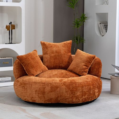 Fauteuil Pouf 108x108x52 Cm, Dossier Haut Et Larges Accoudoirs, Prêt à L'emploi, Chenille Orange