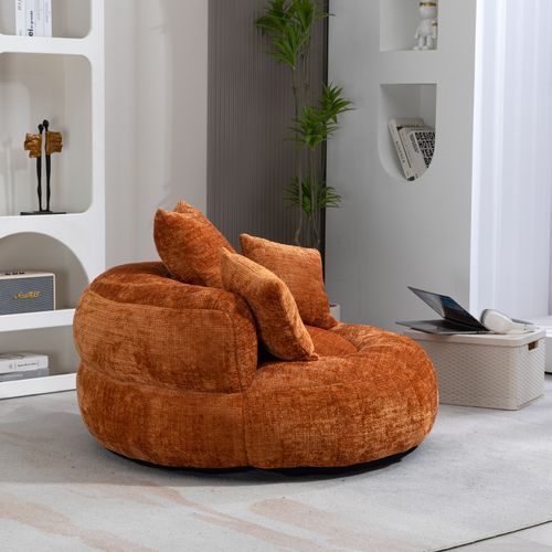 Fauteuil Pouf 108x108x52 Cm, Dossier Haut Et Larges Accoudoirs, Prêt à L'emploi, Chenille Orange